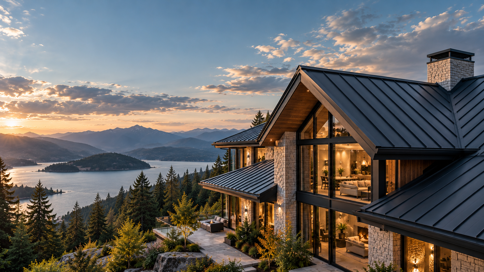 Luxury architectural residence with charcoal standing-seam metal roof overlooking lake and mountains at sunset