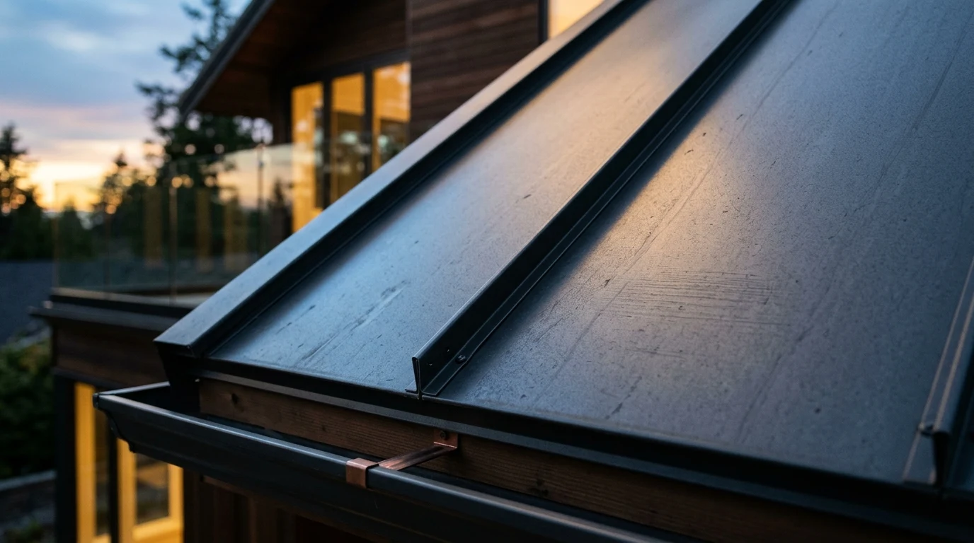 Close-up architectural detail of standing-seam charcoal metal roofing with precise seams and clean flashing