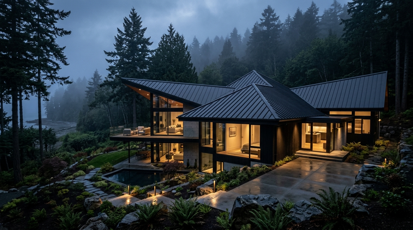 Dramatic architectural Pacific Northwest residence with sharp charcoal standing seam metal roof at dusk