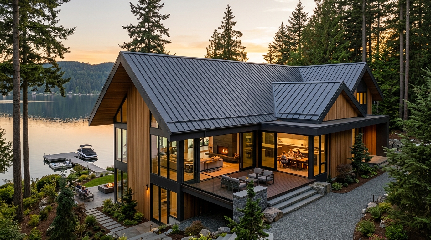 Lakeview Residence contemporary residential architecture with dramatic charcoal metal roofing