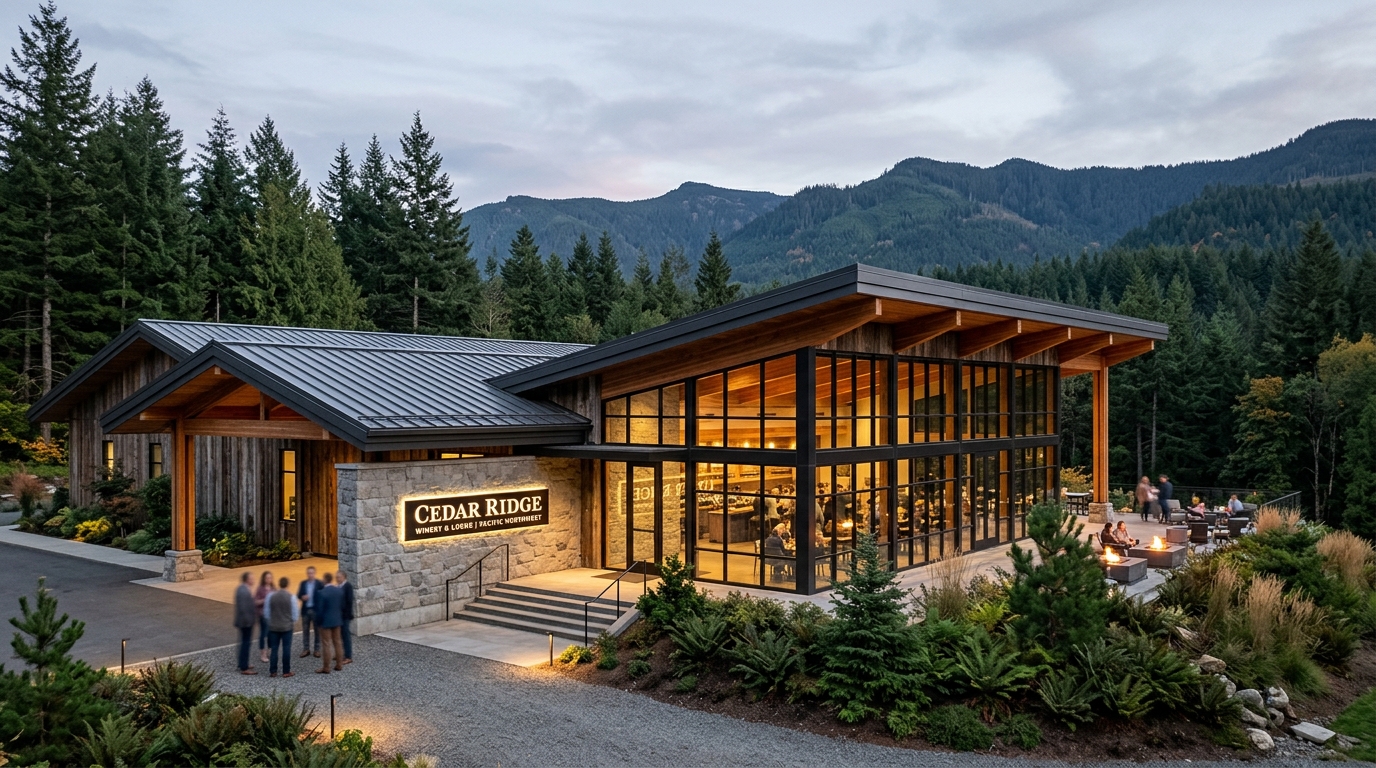 Cedar Ridge commercial winery and lodge with standing seam metal roofing