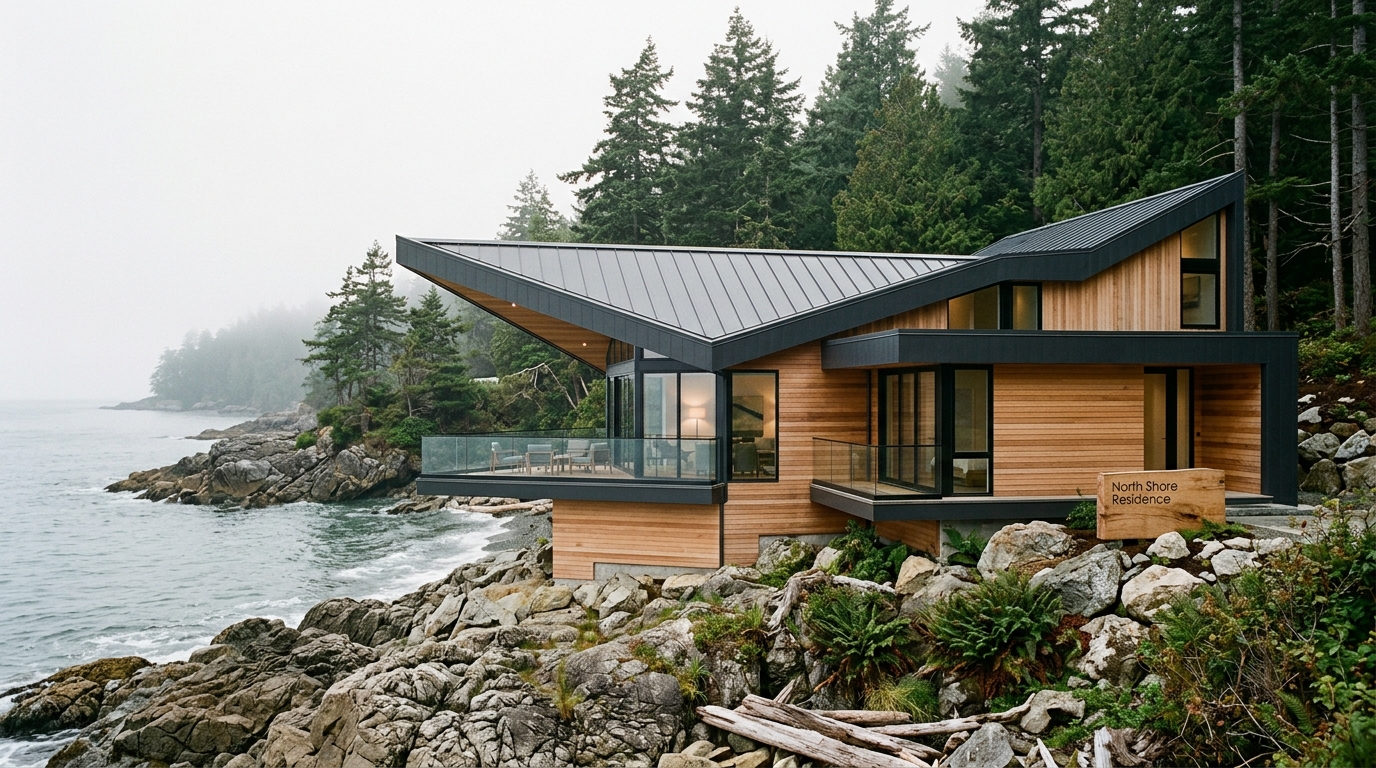 North Shore Residence coastal architecture with angular standing seam metal roof